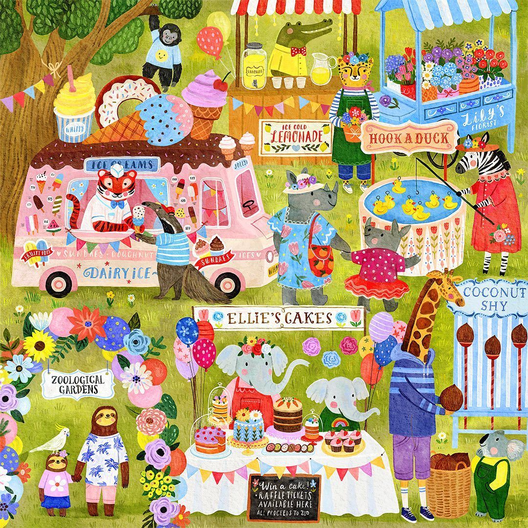 Vibrant farmers market illustration with multiple vendor stalls, people shopping, and colorful produce displays