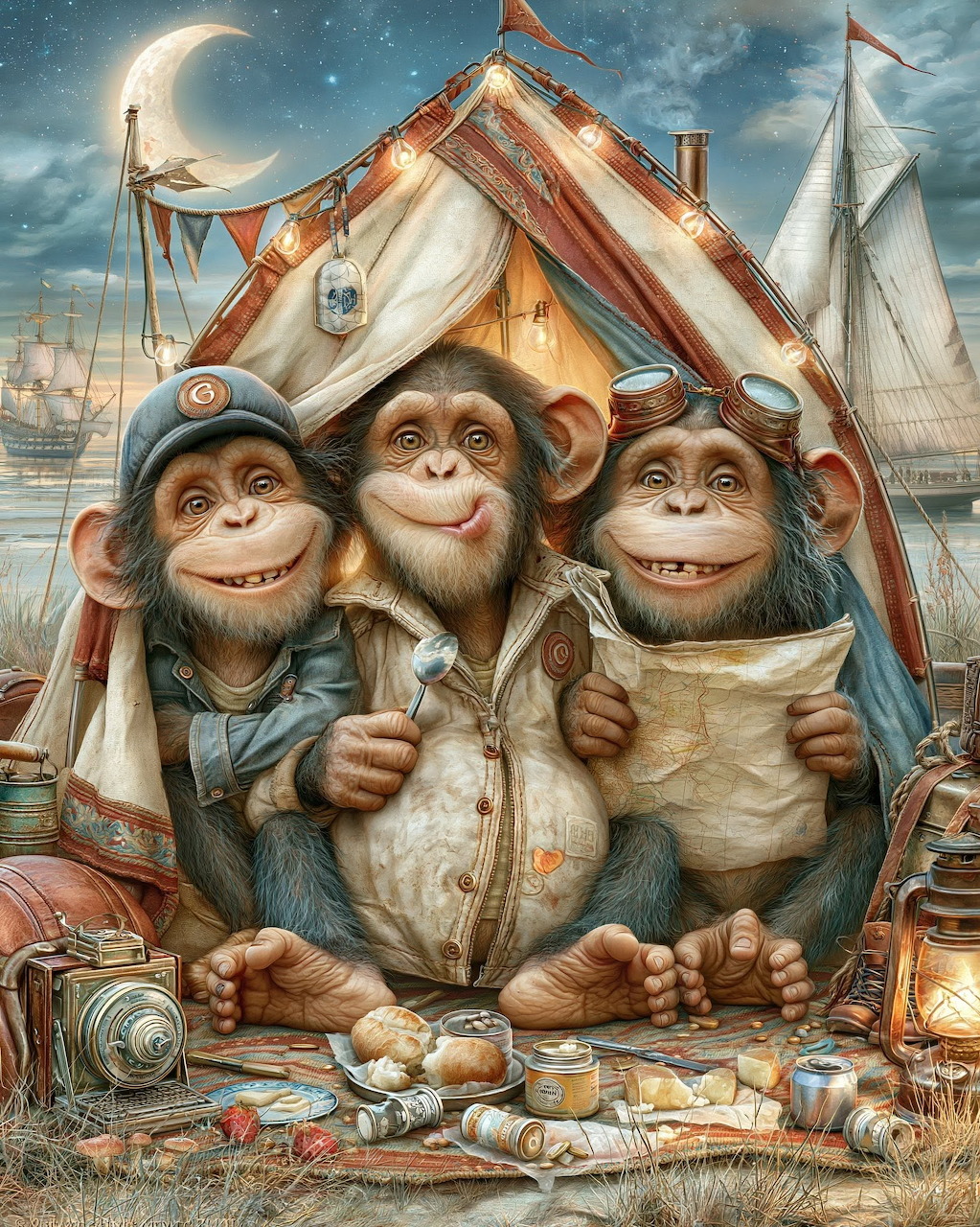 Three cartoon chimpanzees in explorer clothes sitting under a red and white striped tent with a map and lantern