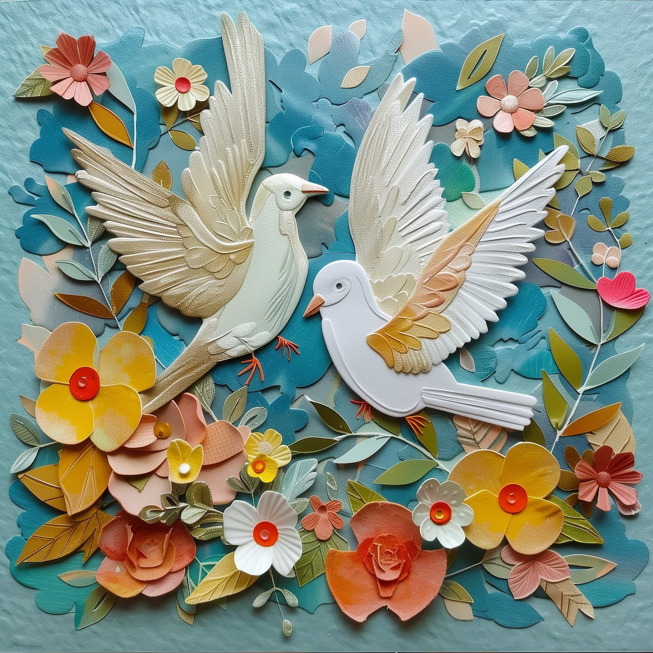 Paper decoupage art of two white doves flying among vibrant layered paper flowers on turquoise background