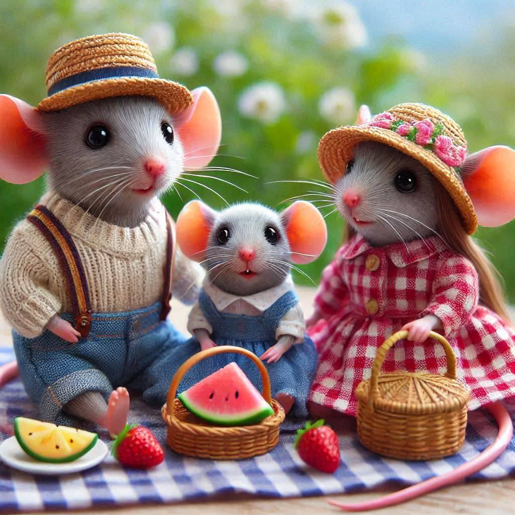 Three cute mice in hats and clothes having a picnic with baskets and fruit on a blanket