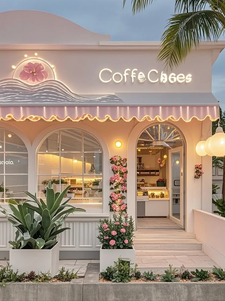 White pastel coffee shop exterior with pink neon sign, striped awnings, roses, and palm tree