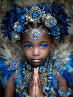 Young girl with ornate blue floral headdress and costume in prayer pose