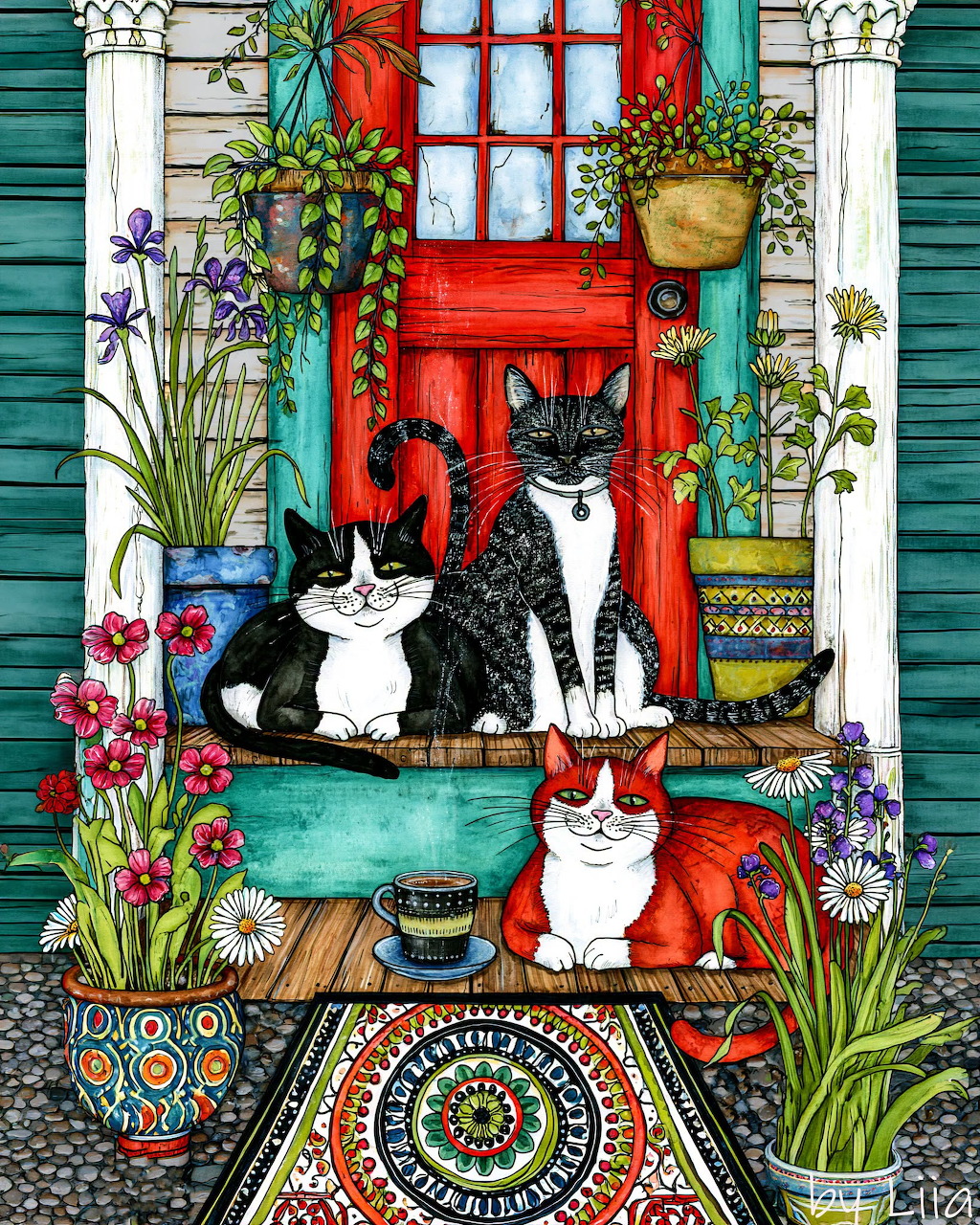 Four cats on decorated porch with red door, plants, and colorful tiles