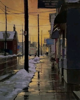 Painting of a wet city street with snowbanks, poles, and golden evening light