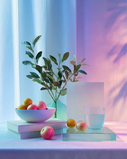 Pastel still life with fruit bowl, leafy branch, books, and a glass against a soft pink and blue background