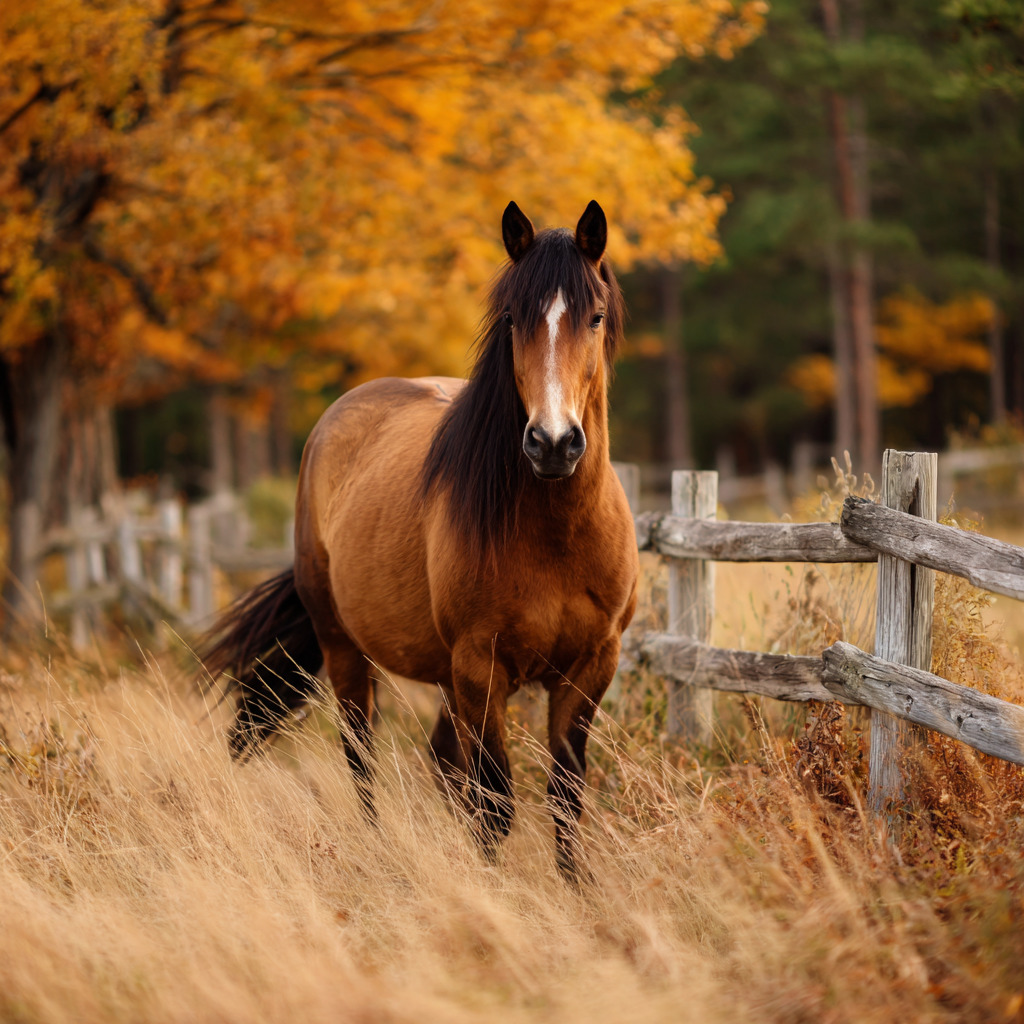 Chestnut horse with black mane standing by wooden fence in autumn field with golden trees
