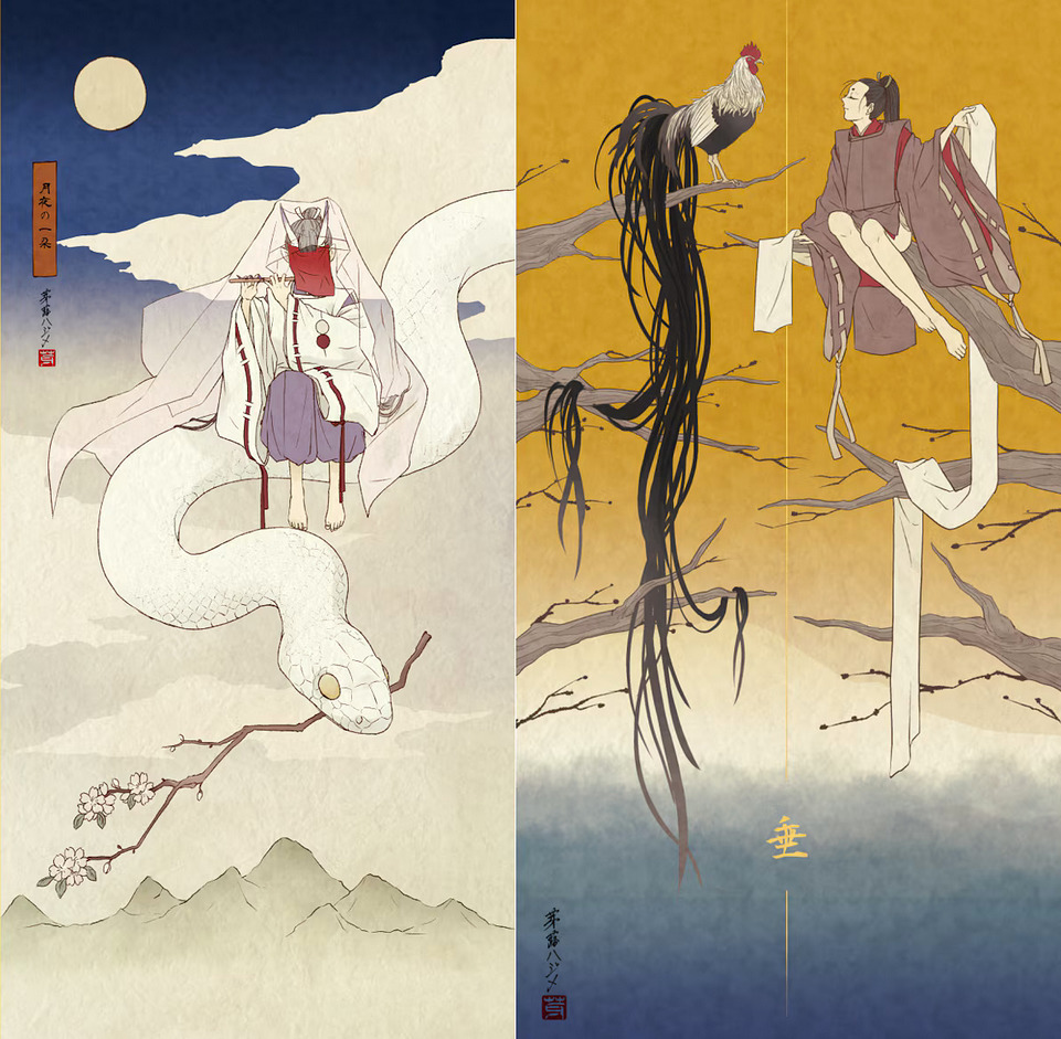 Japanese-style split illustration with two stylized folklore figures, moon, bird, and flowing black hair