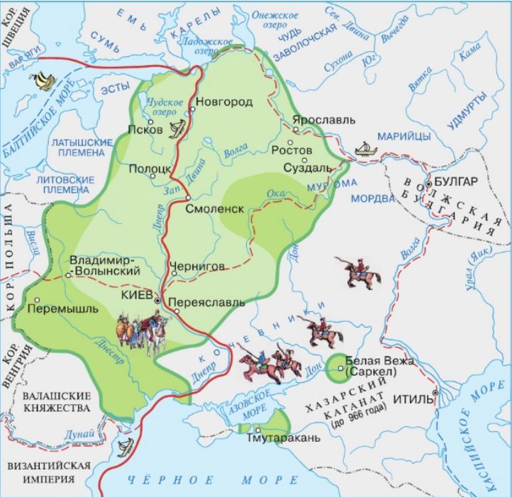 Historical map of Eastern Europe with Russian labels, cities, rivers, and illustrated horsemen