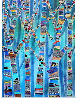 Abstract mosaic artwork of stylized tree trunks with colorful geometric patterns in blues and teals