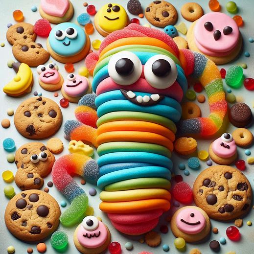 Cheerful rainbow-striped clay monster with googly eyes surrounded by cookies and colorful candies
