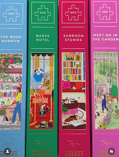 Four colorful illustrated book covers displayed side by side with shelves, rooms, and garden scenes.