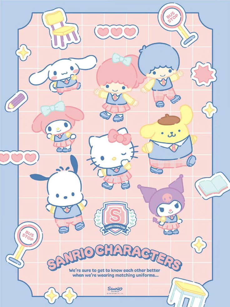 Sanrio characters in matching school uniforms on a pastel pink checkered background