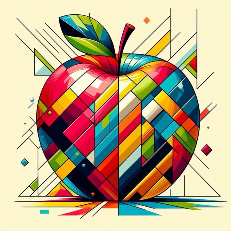 Colorful geometric apple made of diagonal rainbow stripes and abstract shapes on light background