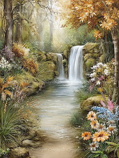 Painting of a waterfall in a lush forest with colorful flowers along stream and sunlit trees