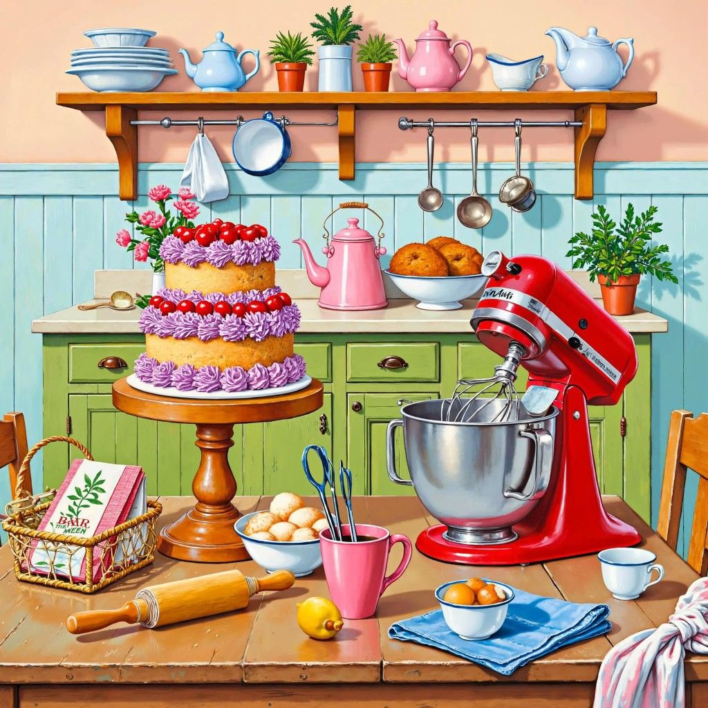 Cozy kitchen with decorated cake, red mixer, and baking supplies on wooden table