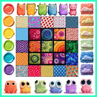 Colorful collage of patterned square tiles with paint swatches and cute felt creatures around the border