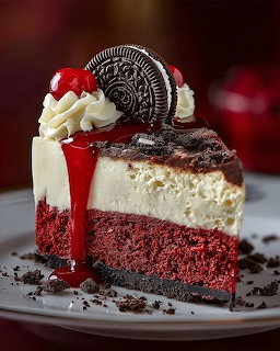 Slice of red velvet cheesecake with Oreo cookie, cherry, and whipped cream on a white plate