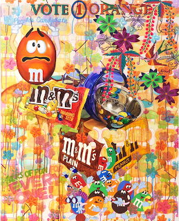 Colorful pop art painting with orange M&M character, candy packages, and layered abstract elements
