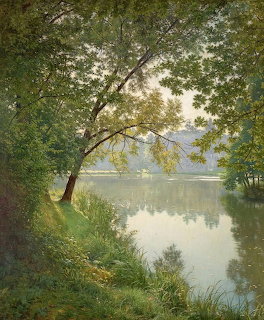 Impressionist painting of a peaceful river bordered by lush trees with dappled sunlight filtering through the canopy