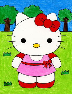Colorful crayon drawing of Hello Kitty in a pink dress standing on grass with trees behind