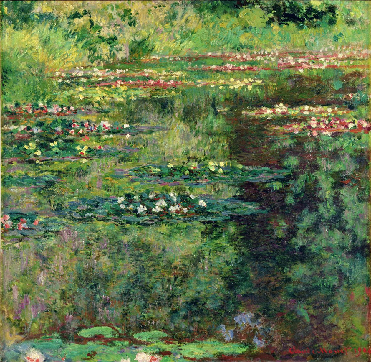 Impressionist painting of a pond with water lilies and green reflections by Monet