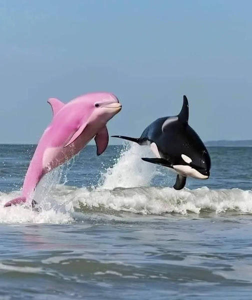 Pink dolphin and orca jumping out of ocean water together creating splash