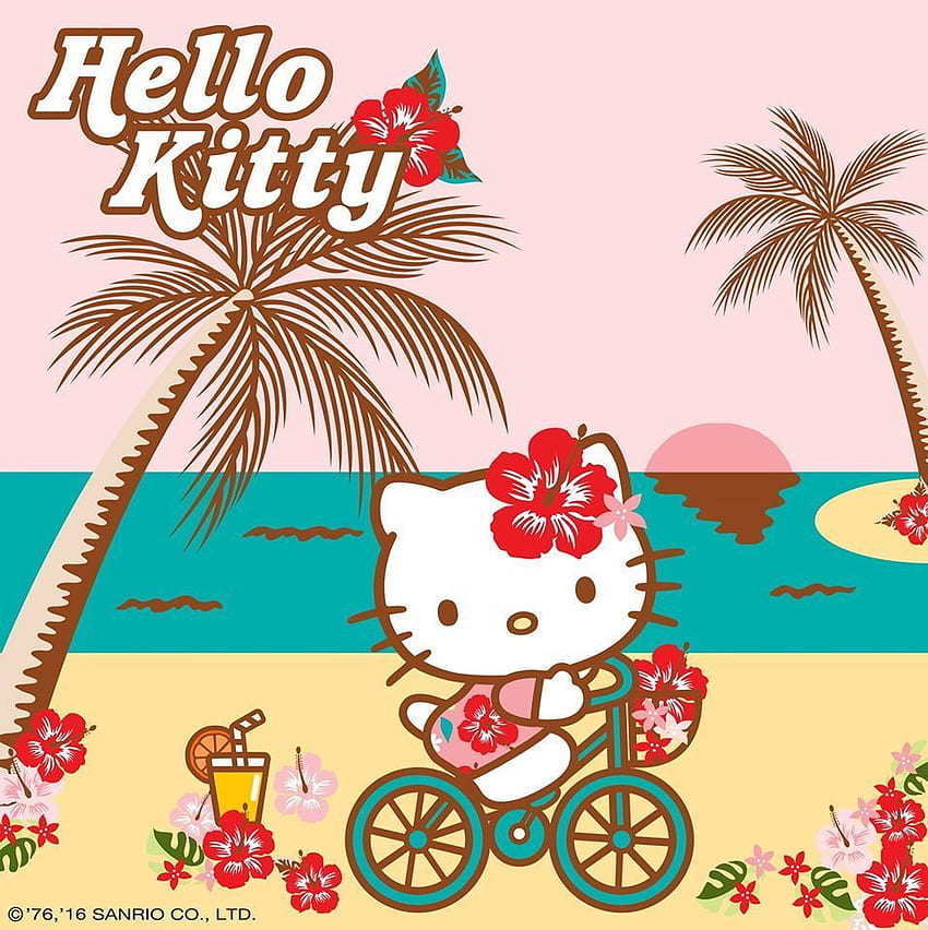 Hello Kitty on a bicycle at a tropical beach with palm trees, flowers, and a pink sunset