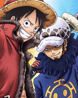 Anime portrait of two cheerful pirate characters, one in straw hat and red coat, other in spotted hat and blue hoodie