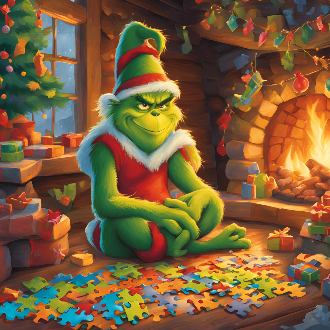 Green Grinch character in Santa hat working on jigsaw puzzle by fireplace with Christmas tree and presents