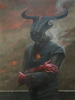 Dark fantasy creature with bull horns and red hands against cloudy sky, wearing armor with glowing orange chest piece