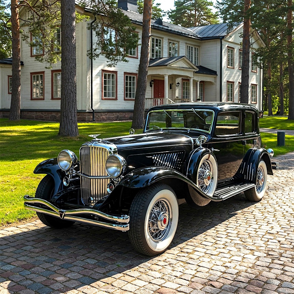 Black 1935 Duesenberg Model J vintage sedan parked on a cobblestone driveway by a large house