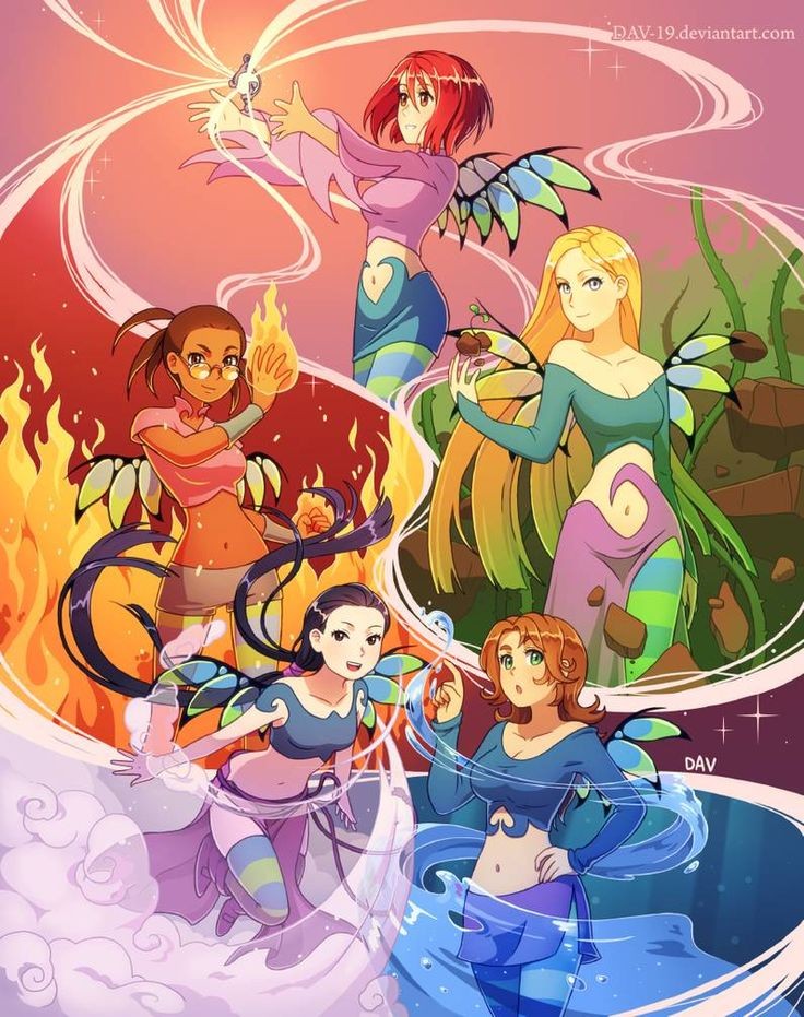 Five W.I.T.C.H. comic girl characters posing together in colorful magical outfits