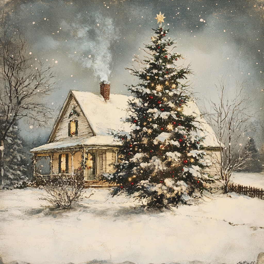 Small cottage with glowing windows beside a decorated Christmas tree in a snowy winter scene