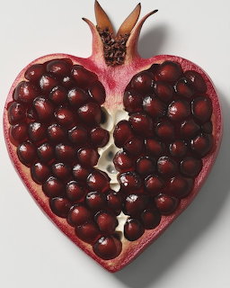 Heart-shaped pomegranate half showing glossy dark red seeds on a light background