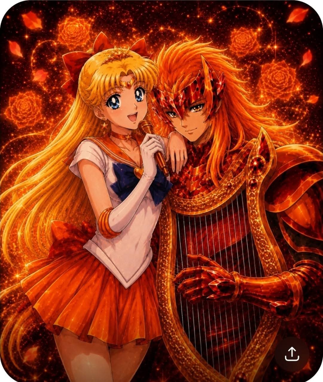 Sailor Moon and an armored warrior with a golden harp, surrounded by orange roses and flames