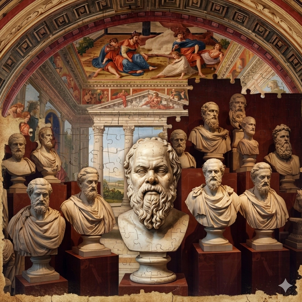 Marble bust of Socrates surrounded by classical statues in an ornate frescoed hall