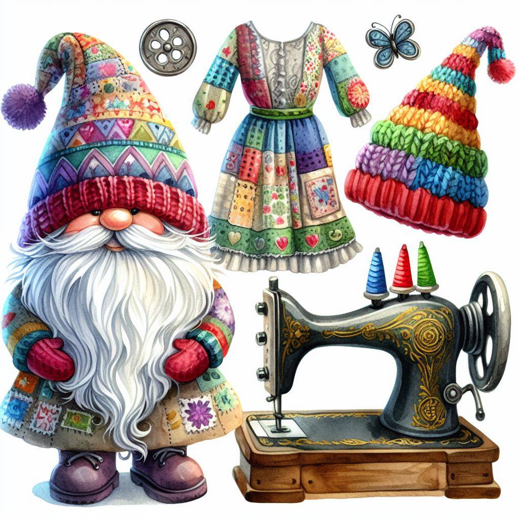 Cheerful gnome character with white beard next to antique sewing machine, colorful knitted hats and embroidered clothing