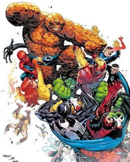 Marvel Comics group battle scene with The Thing, Hulk, Spider-Man, Venom and other superheroes fighting