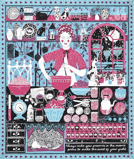 Folk art style illustration of woman in red apron making jam in kitchen with shelves of jars and cooking equipment