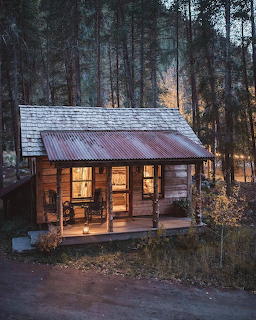 Small wooden cabin with glowing windows in a twilight forest setting