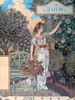 Art Nouveau illustration of a woman in a white dress picking roses in a lush garden, labeled Juin/June