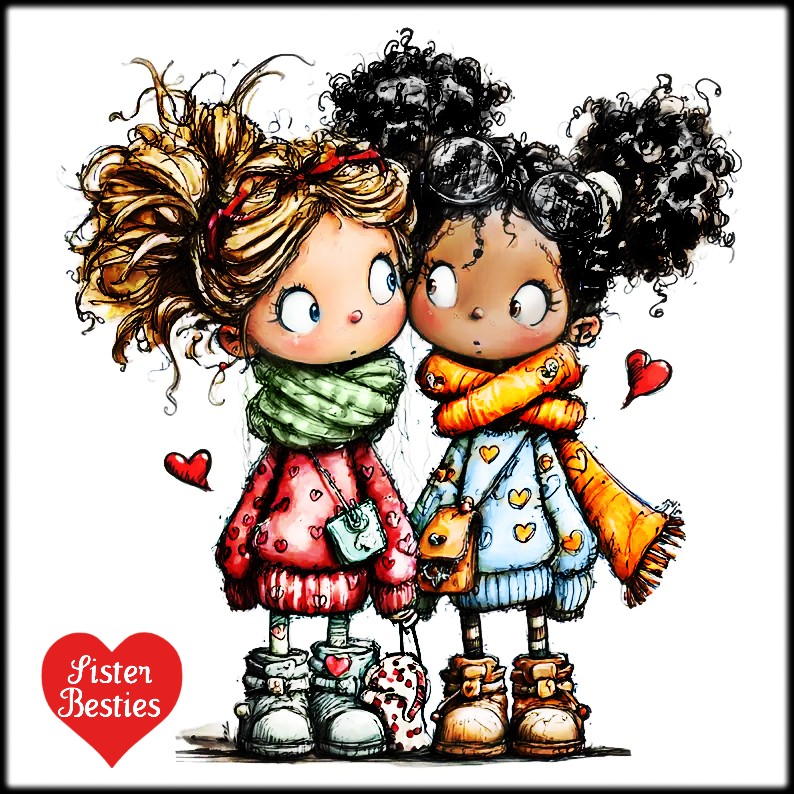 Cartoon of two little girls hugging, wearing scarves, sweaters, and boots with small red hearts nearby