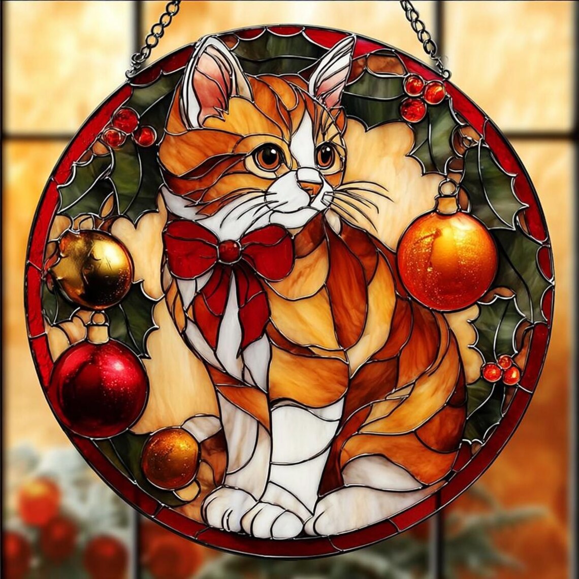 Stained glass art of orange tabby cat wearing red bow with Christmas ornaments and holly wreath
