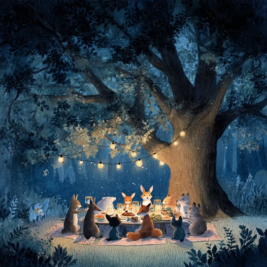 Woodland animals dining together at a round table under a large illuminated tree in a magical nighttime forest setting