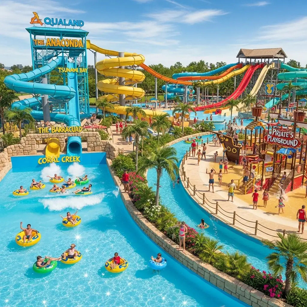 Colorful water park with large slides, lazy river, splash playground, and people in inflatable tubes