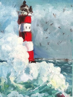 Oil painting of a red and white striped lighthouse in rough ocean waves with birds flying overhead