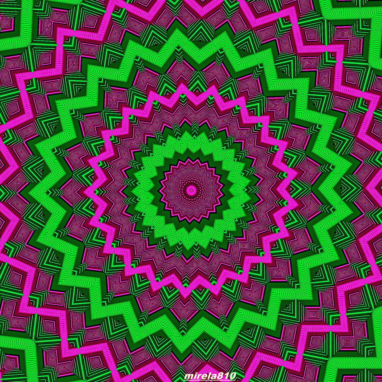 Bright neon mandala with pink and green geometric zigzag patterns radiating from purple center