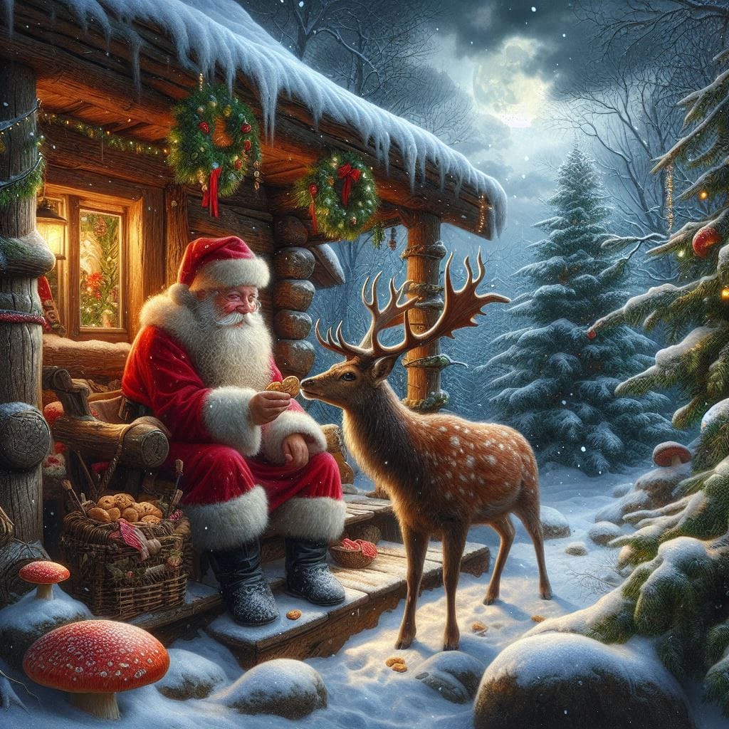 Santa Claus with reindeer outside snowy cabin at night