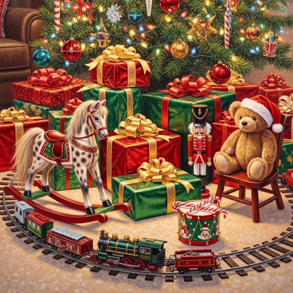 Christmas gifts and vintage toys arranged under a decorated tree with a toy train set