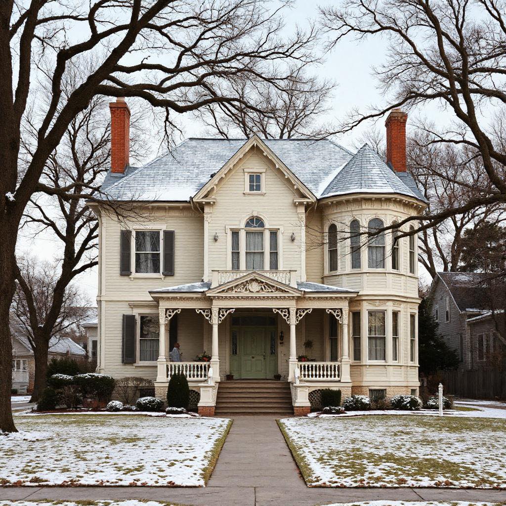 Pale yellow Victorian house with wrap-around porch in winter, bare trees and patchy snow on lawn